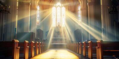 brillant des rayons de lumière pénétrant par le les fenêtres de le église photo
