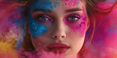 portrait de une fille à une fête avec coloré poussière photo