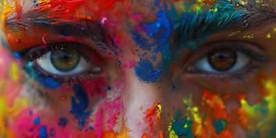 portrait de une fille à une fête avec coloré poussière photo