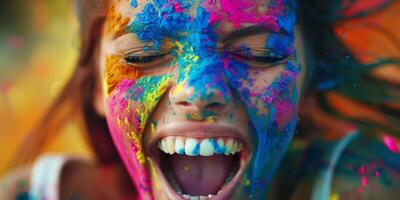 portrait de une fille à une fête avec coloré poussière photo