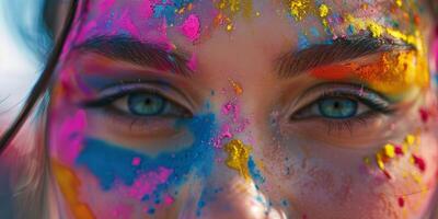 portrait de une fille à une fête avec coloré poussière photo