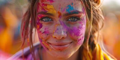 portrait de une fille à une fête avec coloré poussière photo