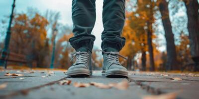 pieds dans baskets de une homme fonctionnement le long de le chemin photo