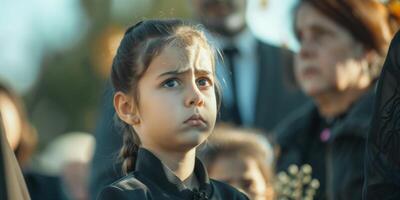 une enfant est triste à une funéraire photo