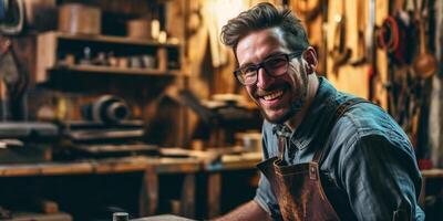 de bonne humeur homme dans sa atelier photo