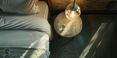 lampe sur une en bois chevet table dans le chambre photo