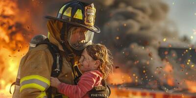 pompier génétique sauve une enfant de une Feu ratif ai photo