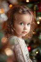 enfant contre le Contexte de une Noël arbre photo