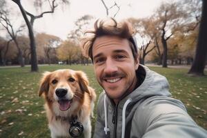 selfie de une homme avec une chien dans le parc photo