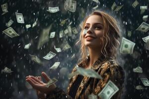 Jeune fille en dessous de le pluie de argent photo