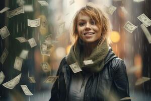Jeune fille en dessous de le pluie de argent photo