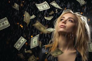 Jeune fille en dessous de le pluie de argent photo