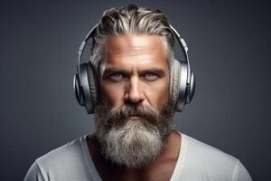 homme avec une barbe portant écouteurs photo