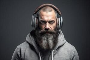 homme avec une barbe portant écouteurs photo