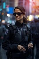 femelle police officier sur une ville rue photo