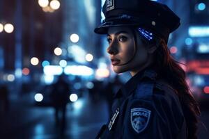 femelle police officier sur une ville rue photo