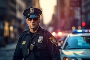 Masculin police officier sur une ville rue photo