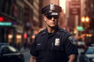 Masculin police officier sur une ville rue photo