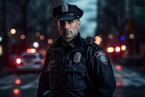 Masculin police officier sur une ville rue photo