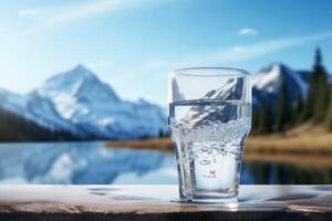 nettoyer en buvant l'eau dans une bouteille contre le Contexte de une Lac et montagnes photo