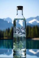 nettoyer en buvant l'eau dans une bouteille contre le Contexte de une Lac et montagnes photo