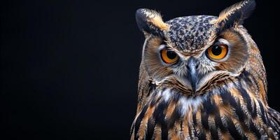 hibou sur une noir Contexte fermer portrait photo