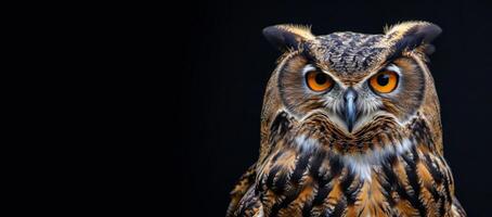 hibou sur une noir Contexte fermer portrait photo