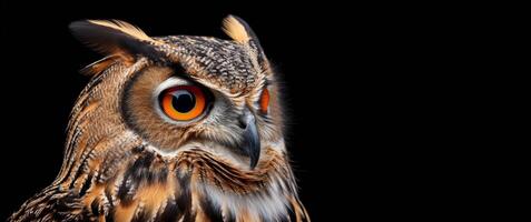 hibou sur une noir Contexte fermer portrait photo