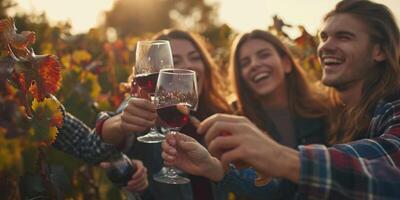 copains choquer des lunettes en buvant du vin dans une grain de raisin champ photo