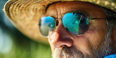 homme dans une paille chapeau avec des lunettes de soleil fermer portrait photo