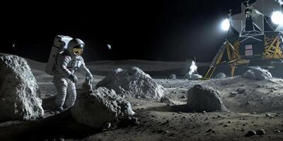 lunaire expédition astronautes sur le surface de le lune photo
