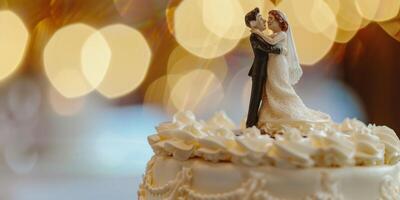 Les figures sur une mariage gâteau sur une flou Contexte photo