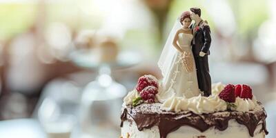 Les figures sur une mariage gâteau sur une flou Contexte photo