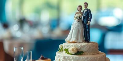 Les figures sur une mariage gâteau sur une flou Contexte photo