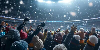 Ventilateurs dans le des stands acclamation à le stade dans hiver photo