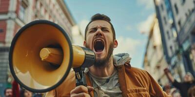 homme avec haut-parleur manifestation piquet photo