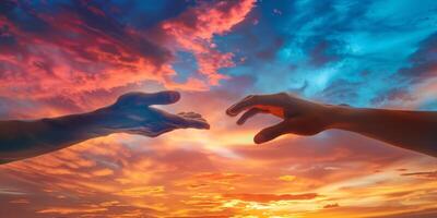 deux mains atteindre en dehors à chaque autre contre le toile de fond de le coucher du soleil photo