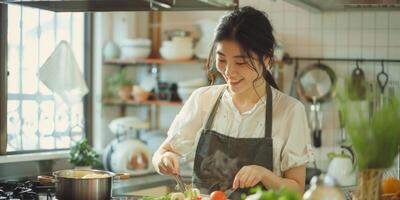 Jeune asiatique femme cuisine dans le cuisine photo