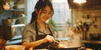 Jeune asiatique femme cuisine dans le cuisine photo