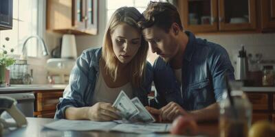 Jeune couple tri en dehors factures dans le cuisine photo