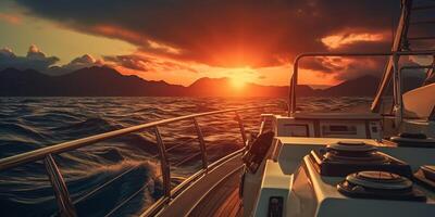 le yacht voiles dans le le coucher du soleil photo