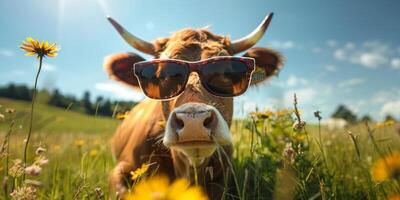 vache dans des lunettes de soleil dans le pâturage photo