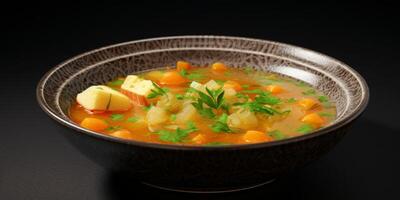 légume soupe dans une assiette sur une en bois table photo