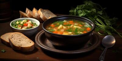 légume soupe dans une assiette sur une en bois table photo