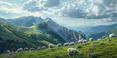 mouton dans une pâturage contre le toile de fond de montagnes photo