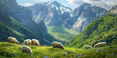 mouton dans une pâturage contre le toile de fond de montagnes photo