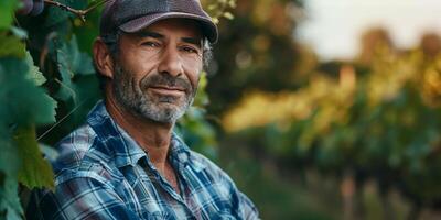 agriculteur dans de face de une grain de raisin champ photo