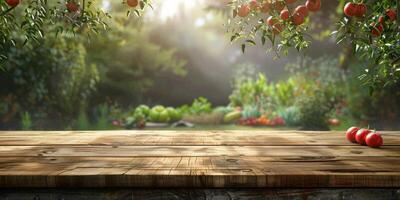 en bois table sur une Contexte de légume des buissons photo