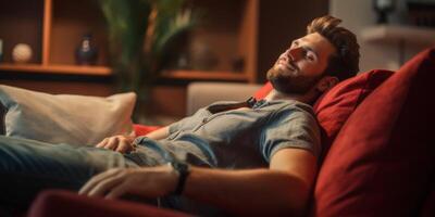 une homme chutes endormi sur le canapé avec une sourire photo