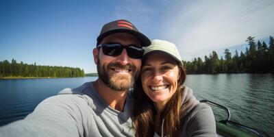 couple dans l'amour sur une bateau selfie photo